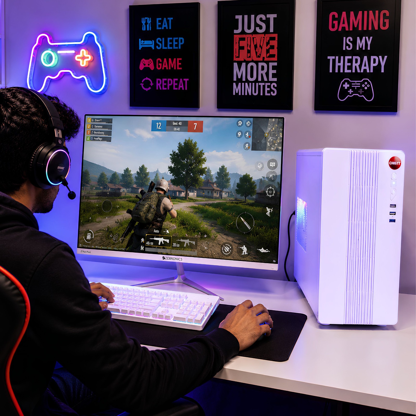 Customer gaming at desk