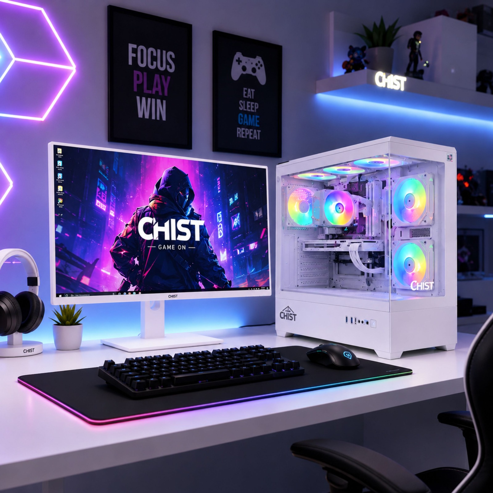 Purple-lit gaming desk